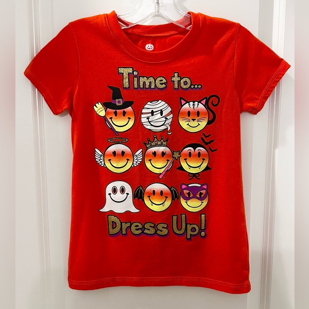 Orange Girls Halloween T-Shirt w/Halloween-themed smiley face emojis Sz M (7-8)